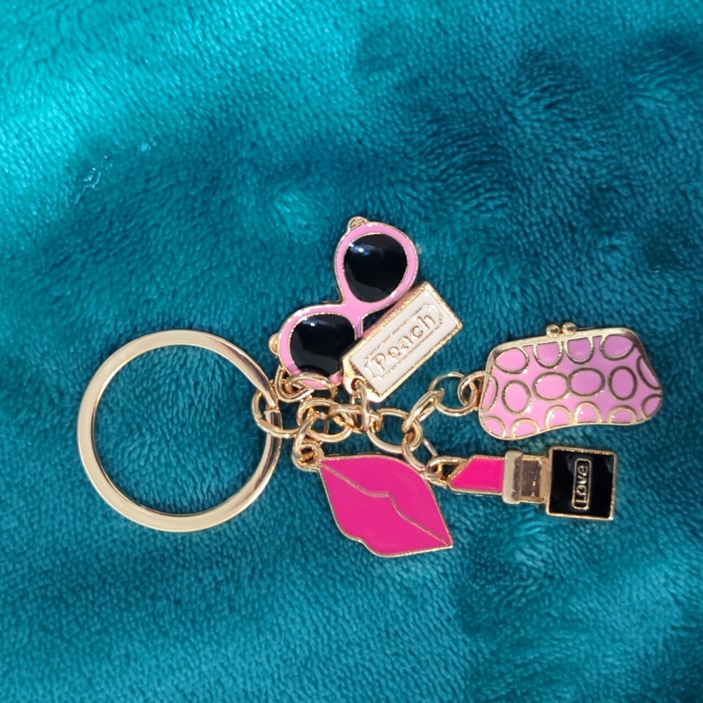 Key Chain with sunnies, lipstick,bag,peach tag,and lips